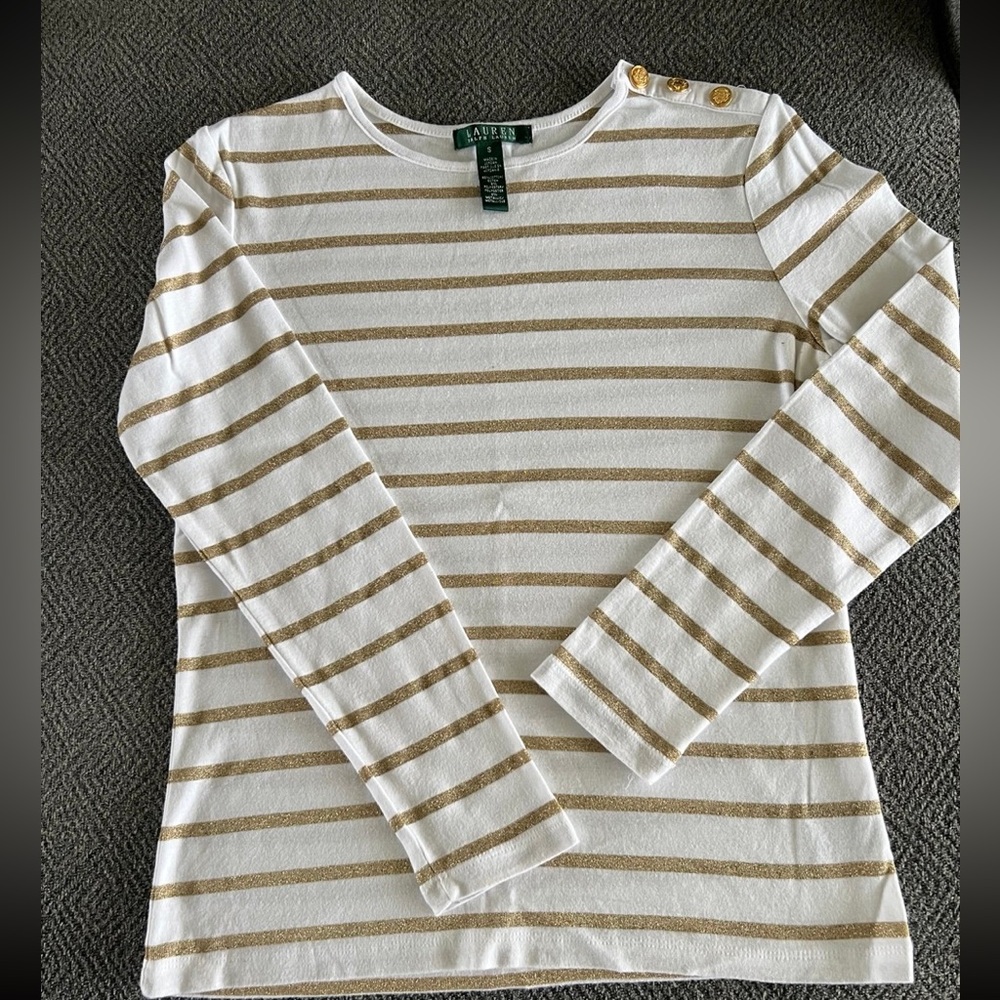 Lauren Ralph Lauren White and Gold Buttoned Top